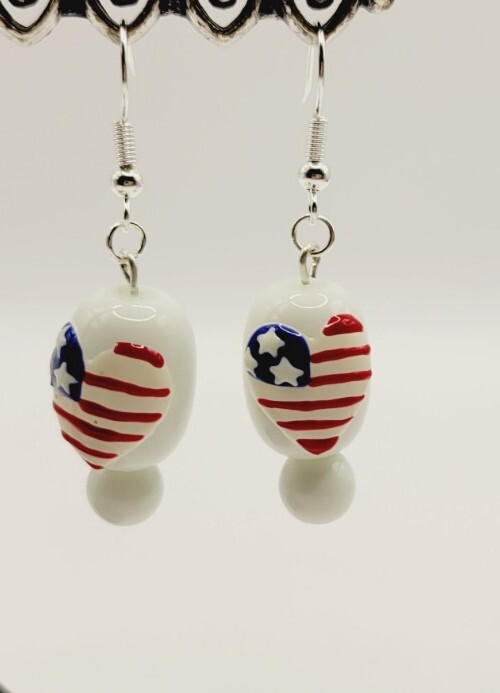 USA Flag Love Hand-Painted Red White Blue Heart Dangle Beaded Earrings Set