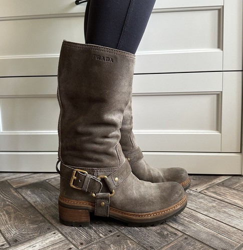 PRADA BIKER Cowboy Damen Leder Wildleder Stiefel Größe 36 BRAUN - Bild 5 von 20