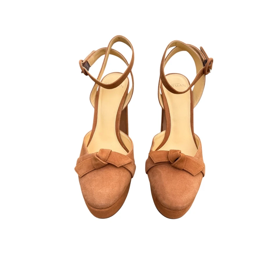 Alexandre Birman Clarita 85 knotted Suede Platform Sandals Tan Heels 38 Brown - Image 4 of 4