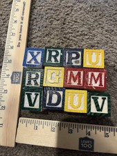 Vintage Wooden Alphabet Blocks Lot of 12 ABC Picture Blocks Drilled Holes Decor