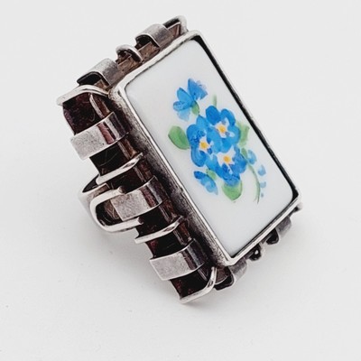Räbel Antiker 900 Silber Ring mit Porzellan Platte Gemalte Blumen  Gr. 11 51 