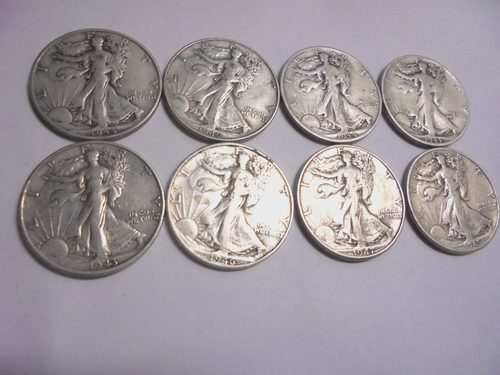 SILVER-LIBERTY WALKING HALF DOLLARS-8 COINS-1943 TO 1947-P-D-S MIX-CIRCULATED