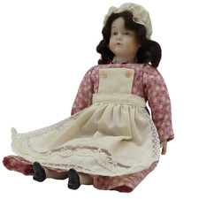 VTG Collectible Ceramic Bisque Doll Brunette Pink Floral Dress Lace Bloomers