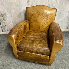 Vintage Rustic Tan Leather Low Armchair Great Patina Studded Back