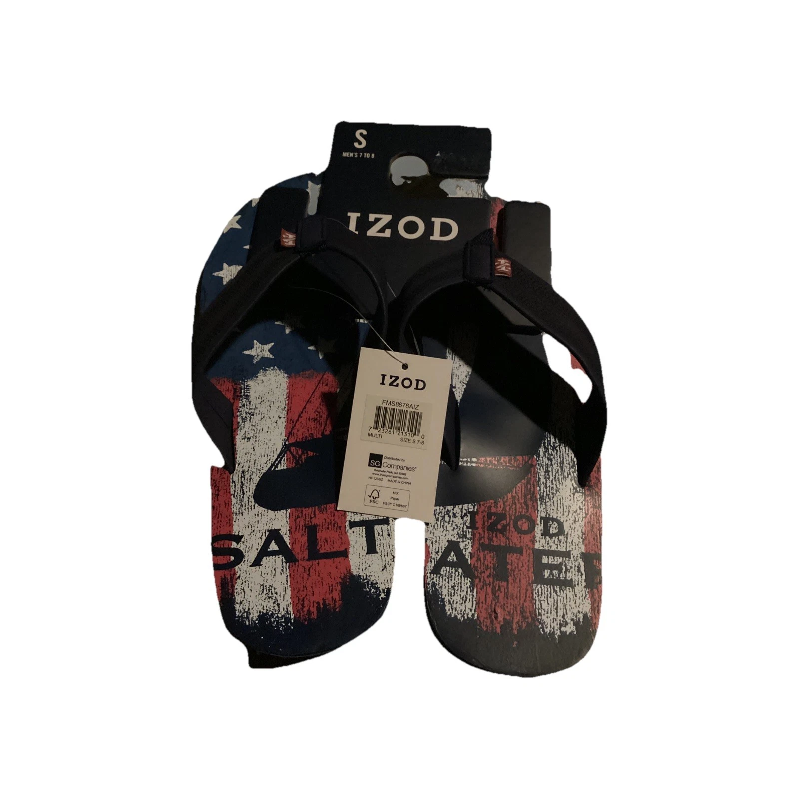 IZOD Men's Flip Flop Sandals Blue Red White Flag Print Size S (7-8)