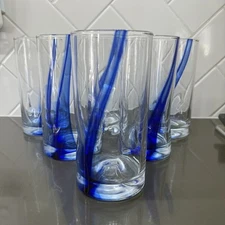 LIBBEY Crisa Blue Ribbon Dimpled Twist Swirl 6" Glasses 16 Oz Set Of 6