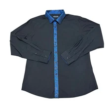 Barry Wang Shirt Size L Blue Black Paisley Fitted Contrast Collar Long Sleeve