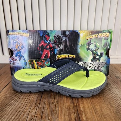 Skechers Sport Supreme Pool Days Flip Flops Boys Sz 12 Navy Green Beach Sandals