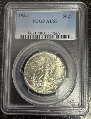 1944 WALKING LIBERTY SILVER HALF DOLLAR PCGS AU58 CLASSIC BLUE LABEL