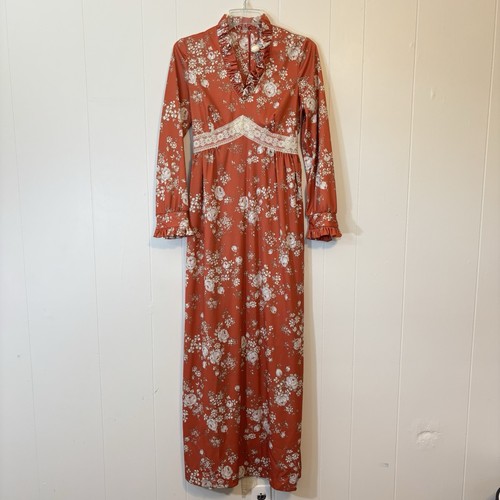 VTG 70s Maxi V-neck Cottagecore Boho Wedding Prairie Gypsy Lace Floral Dress - Picture 2 of 11
