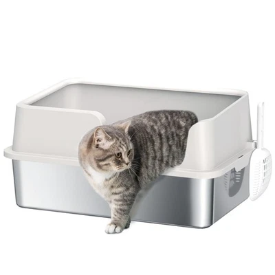 PawHut Stainless Steel Litter Box, High Sided Metal Cat Litter Tray w/ Scoop