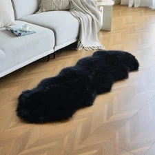 Black Faux Sheepskin Runner Rugs 2x6 ft, Fluffy Shag Bedroom Rug Fur Couch So...