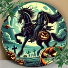 Tin Metal Sign Round Vintage Headless Horseman Pumpkin Wreath Wall 8x8