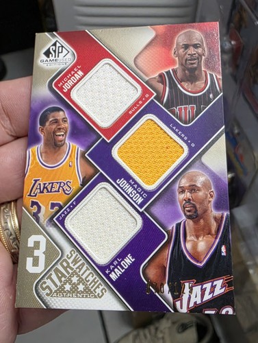 MICHAEL JORDAN MAGIC JOHNSON KARL MALONE 2009 SP GAME USED TRIPLE JERSEY /125