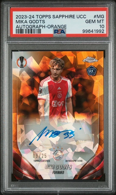2023-24 Topps Chrome Sapphire UCC Mika Godts Rookie RC Auto Orange /25 PSA 10