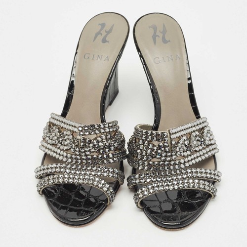 Gina Grey Crystal Embellished Leather Syracuse Wedge Sandals Size 38.5 - Picture 3 of 9