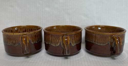 x3 Vintage Brown Drip Glaze Single Handle Soup Bowl Mug Cup Set 958A - Picture 4 of 6