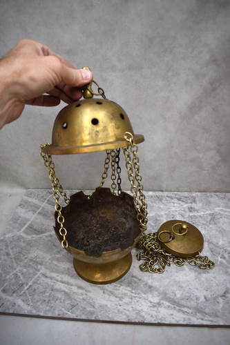 Large Antique Triple Chain Church Censer, Thurible, 8" HT. (CU552) - Picture 3 of 11