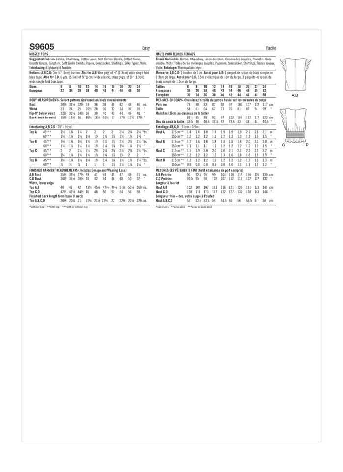 Simplicity Pattern 9124 SIMPLICITY 9605 MISSES BLOUSE & TOPS Sewing Pattern Sizes 6-14 & 16-24 ...
