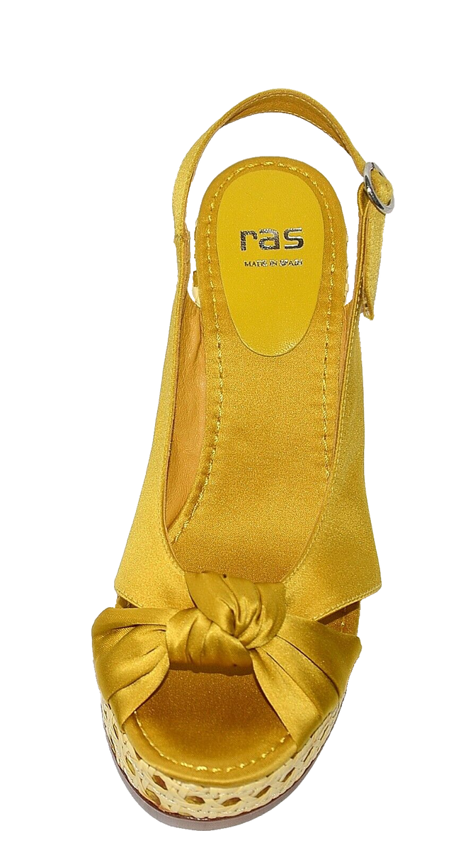 NEW $275 RAS SPAIN WICKER HEEL SATEN Mustard Yellow Wedge