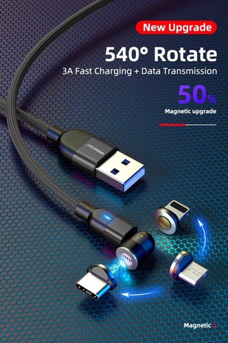540° 3-in-1 Magnetic USB Charging Cable 3A Fast Charger Type-C Micro USB Tips - Photo 16 sur 25