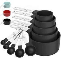 Measuring Cups & Spoons Set w/Stainless Steel Handle for Cooking & Baking(Black)