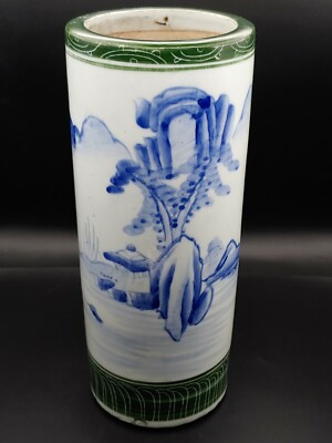 康熙翠毛蓝青花绿釉山水帽筒17th C Chinese Kangxi Blue And White