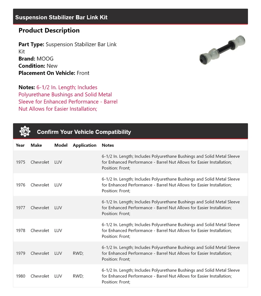 Kit de eslabones de barra estabilizadora de suspensión delantera MOOG 1975-1980 Chevrolet LUV Foto 2 de 4