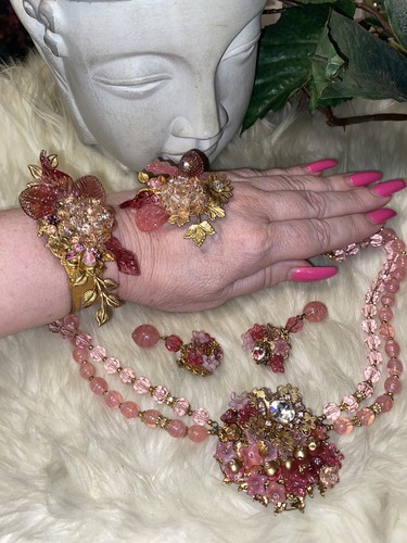 Miriam Haskell Pink Glass 4 Pc Necklace Bracelet Brooch Earring Parure Set! D7 - Picture 4 of 24