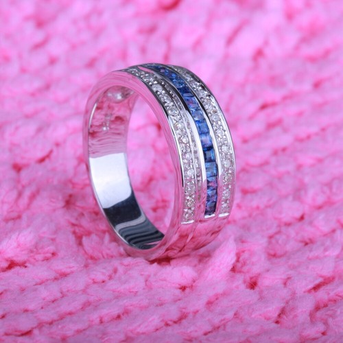 Sterling Silver 0.7CT Round Diamonds Princess Sapphires Ring Band Fine Jewelry - Picture 3 of 7