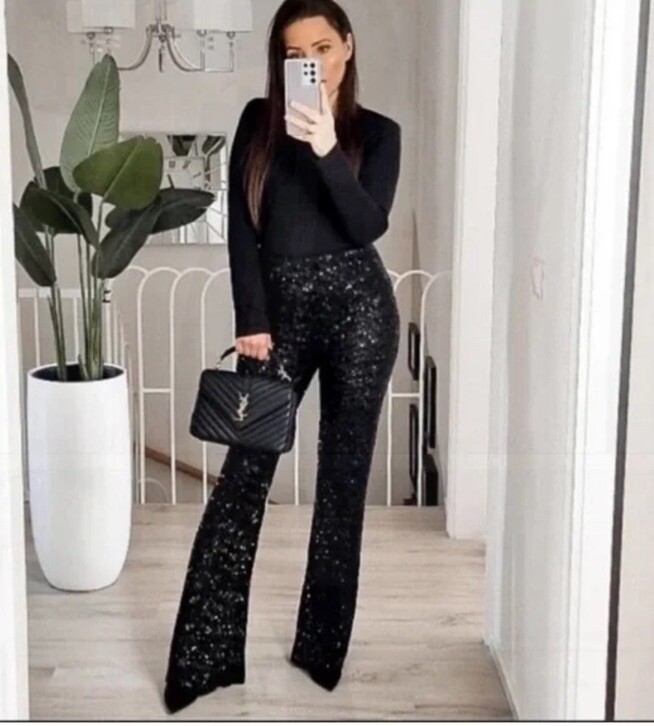 ZARA WOMAN BLACK HIGH WAIST FLARED SEQUINNED LEGGINGS PANTS 3028