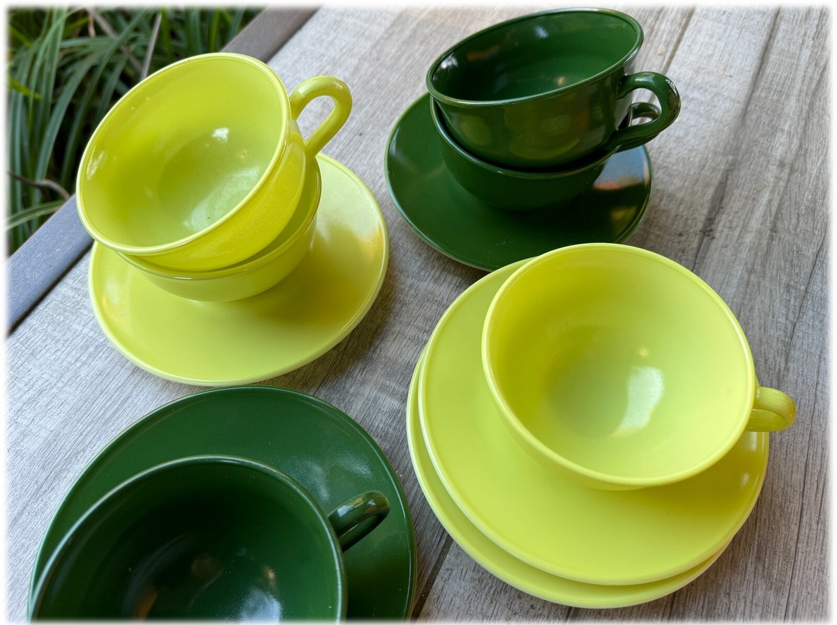 Vtg Hazel Atlas Glass Ovide Platonite Lot 6 Cups 5 Saucers Dk