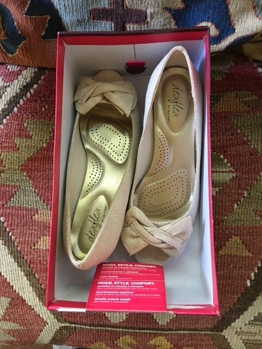 New in Box DEXTER "dexflex" Open Toe Ballet Flats Shoes beige linen Size 7M - Picture 8 of 9