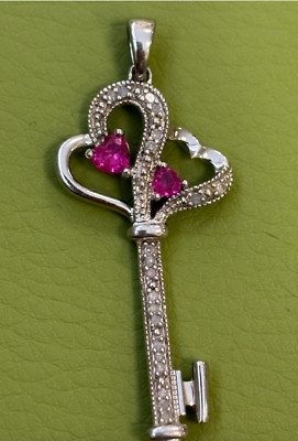 F STAR GENUINE RUBY Sterling Silver DIAMOND Key to My Heart Pendant 1.75  3g 925
