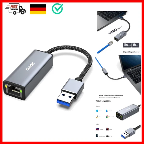 USB Ethernet Adapter 1000Mbps, USB auf RJ45 Gigabit Ethernet LAN Netzwerkadap...