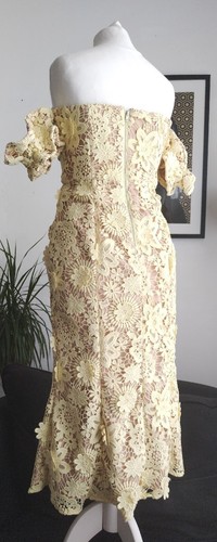 8, Yellow Beige Over Cutwork Floral Lace Bardot Midi Dress, JARLO, Rrp £120 - Picture 2 of 9