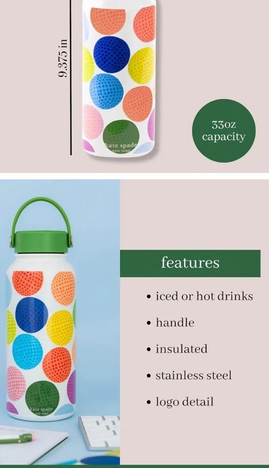 NUEVA lonchera aislada Kate Spade con estampado de golf y botella de agua de acero inoxidable Foto 2 de 2