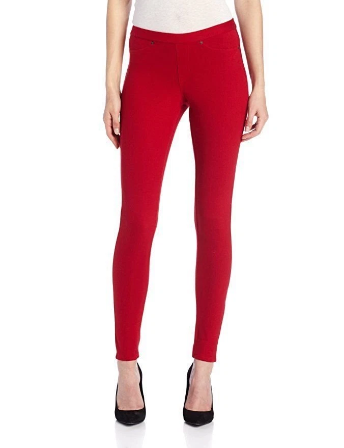 New Women's HUE Original Jeans Leggings Back Pocket Full Length Pants Red  Sz XS