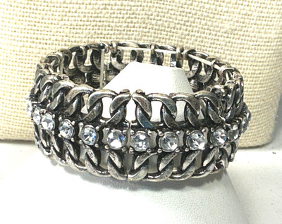 Fashion Bracelet Clear Rhinestone Cast Silver Tone Wide Stretch Bangle Lot 82B