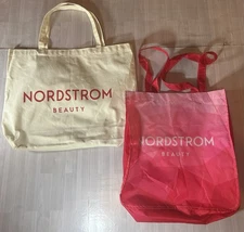 Nordstrom Reusable Shopping Bags (2) One Fabric, One Collapsible. Beige&Pink