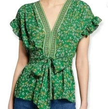 Max Studio Floral Peplum Top Sz Med Boho Tie Waist Deep V Neck Smocked Cottage