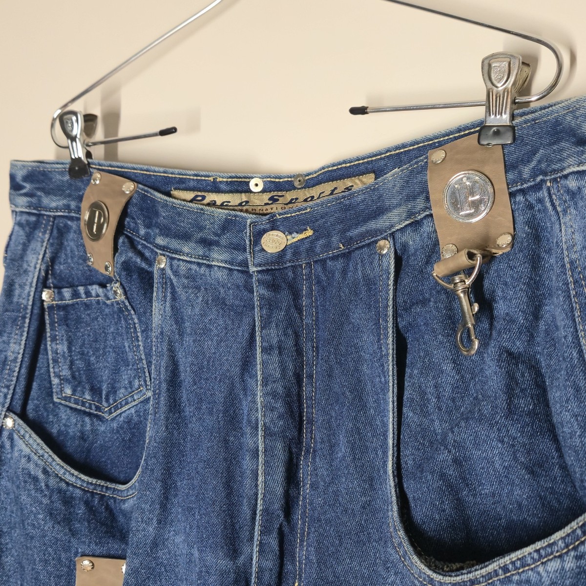 Vintage Paco Sport Jeans Leather Baggy Fit Mens 36 Blue Denim Hip