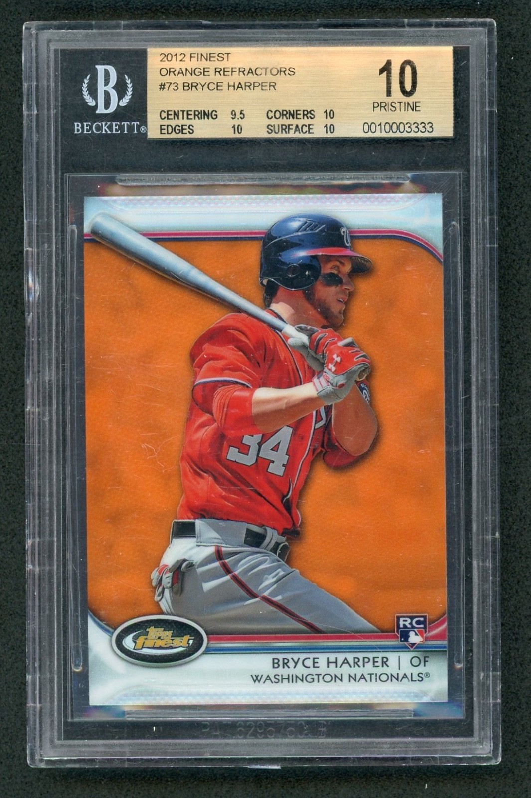 2012 Topps Finest Bryce Harper Orange Refractor /99 Rookie #73 BGS 10 Pristine