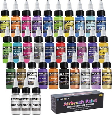 30 Colors Airbrush Paint Set with 3 Thinner Water-Based Acrylic 33 Bottles