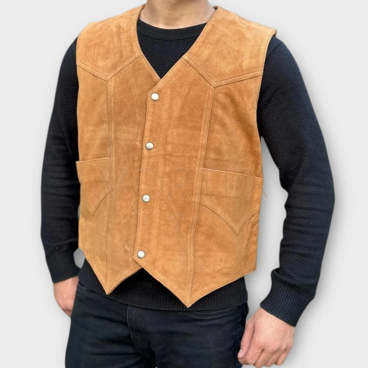 Men's Western Style Brown Leather Sweet Leather Vest In Genuine Sweet Leather