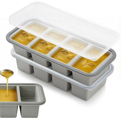 2-Pack Silicone Freezer Tray with Lid - 1 Cup / 4 Compartment Soup Freezer Co...