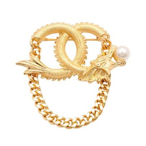 Authentic CHANEL Dragon Pearl Brooch Gold Plated Metal Year of Dragon AB9978