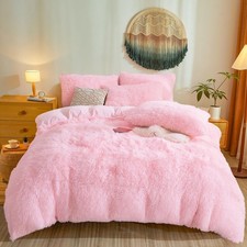 Fluffy Pink Comforter Cover Queen Set   Plush Faux Fur Pink Bedding 3-Piece S...
