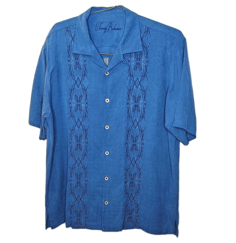 Camisa hawaiana de seda Tommy Bahama para hombre azul mediano bordada isla chopper motociclista Foto 2 de 4