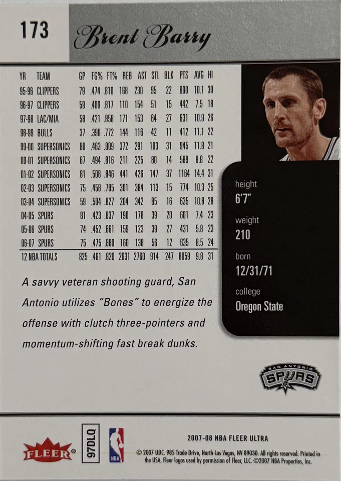 2007-08 Ultra #173 Brent Barry - Image 2 of 2